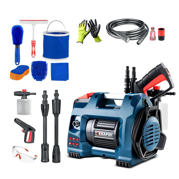 electric pressure washer with accessories including spray gun extension wands hose foam bottle and cleaning kit