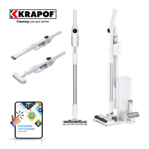 Krapof cordless stick vacuum with self-empty charging dock and handheld attachments
