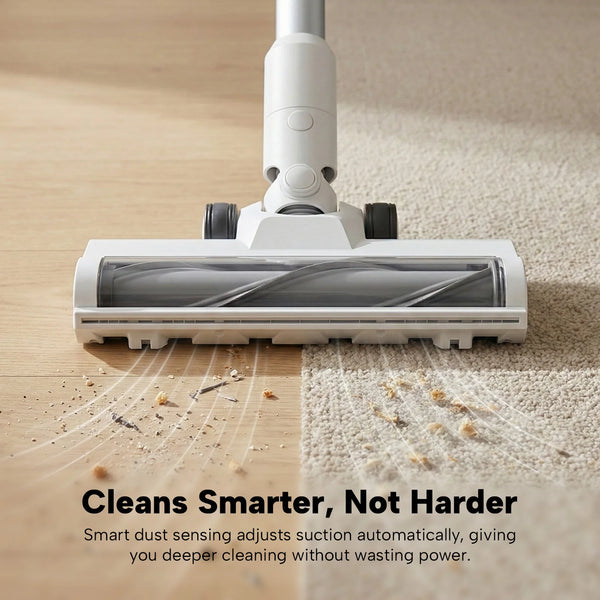 Smart dust sensing vacuum head cleaning hard floor and carpet with adaptive suction