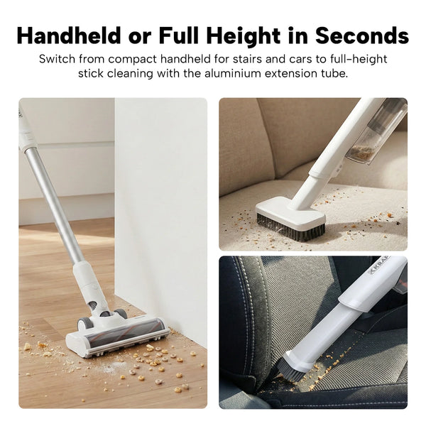 Convertible handheld and full-height cordless vacuum for floors, sofas and car seats