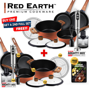 Red Earth™ Premium Cookware 7pc Set + FREE SECOND COOKWARE SET + 2x FREE Mighty Mix™ Stick Blender + FREE E-BOOK