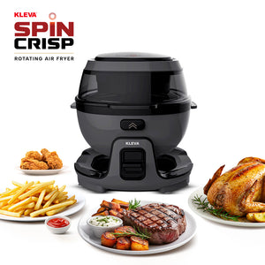 Kleva Spin Crisp Air Fryer with cooked chicken, steak, fries, and more.