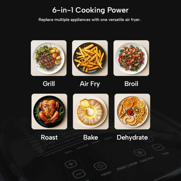 A graphic shows six plates labeled grill, air fry, broil, roast, bake, and dehydrate, highlighting the 6-in-1 functions of the Kleva® Spin Crisp Rotating Digital Air Fryer 6L from Kleva Range with fat-draining tilt and 360° auto rotating cooking.