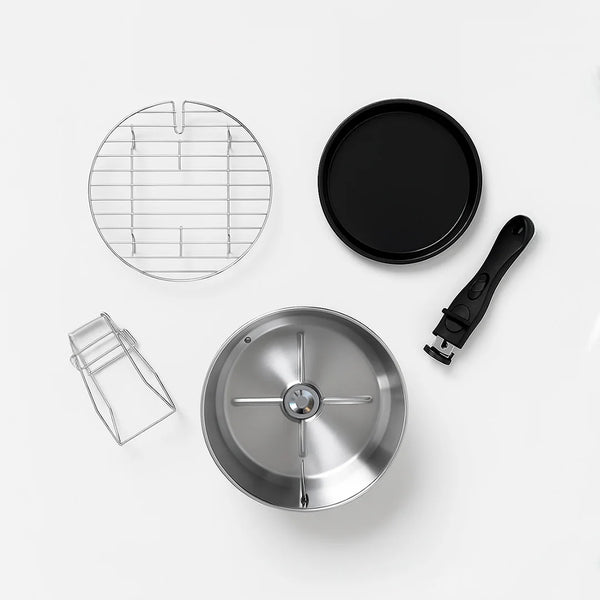 Air fryer accessories set including stainless steel pot, grill rack, baking tray and detachable handle