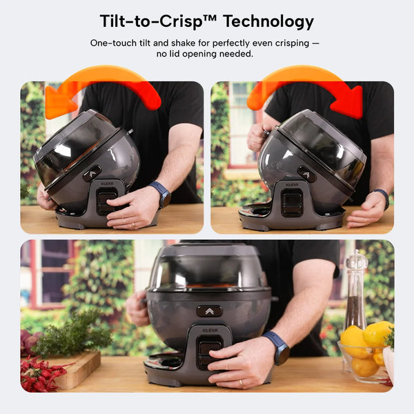 Kleva Spin Crisp rotating air fryer with Tilt-to-Crisp technology for even cooking without opening the lid