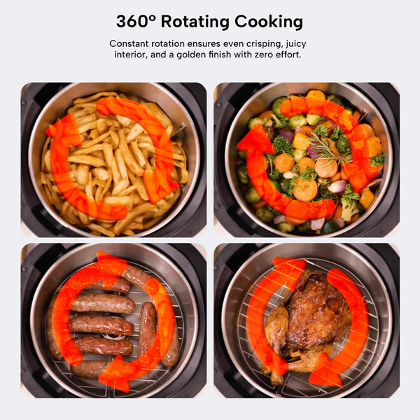 360-degree rotating air fryer cooking fries, vegetables, sausages and roast chicken evenly