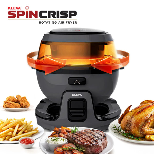 The Kleva® Spin Crisp Rotating Digital Air Fryer 6L – 360° Auto Rotating Cooking by Kleva Range, featuring a vibrant orange lid and control panel, is displayed alongside plates of cooked chicken, fries, steak, and vegetables. This innovative stainless steel air fryer offers convenient and efficient meal preparation.
