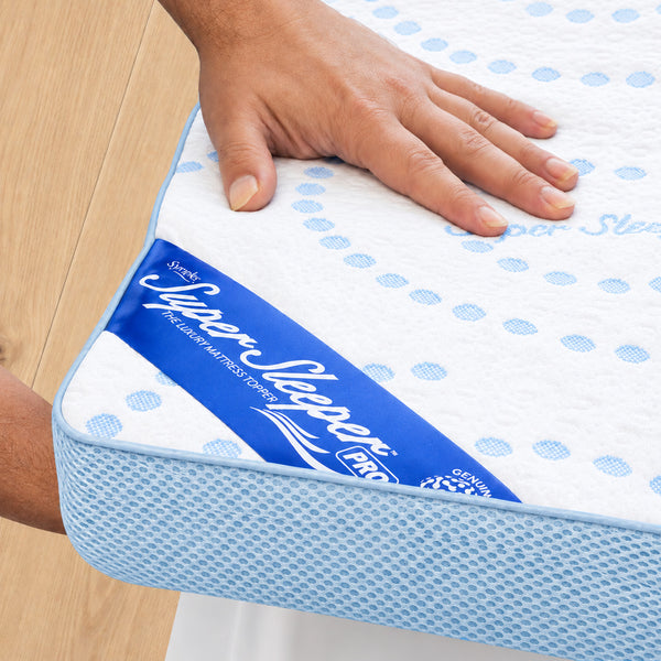 A hand presses the corner of a white and blue Super Sleeper Pro Straight 2 Sleep® Mattress Topper with Cooling Technology, highlighting its advanced cooling features. The topper, which displays a textured, mesh-like border and a patterned top for optimal sleep comfort, rests on a wooden floor. Two bonus pillows are also included with this product.
