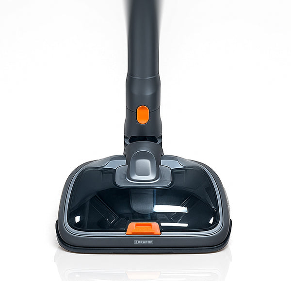 Close-up of the KRAPOF® S3 Steam Drive Extension 2 in 1 Floor and Steam Mop for Q3 Stick Vacuum by Kleva Range, featuring a clear cover, black and gray design with orange accents, plus UV sterilisation for superior cleaning. Shown on a white background.
