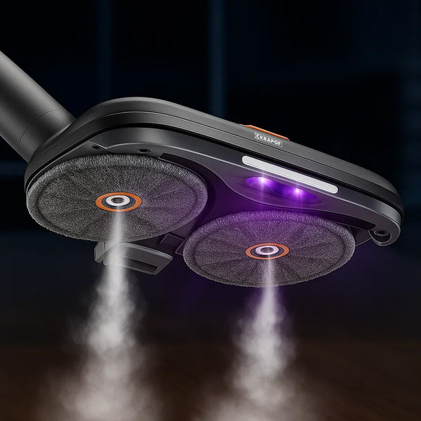 Close-up of the underside of the Kleva Range KRAPOF® S3 Steam Drive Extension 2-in-1 Floor and Steam Mop for Q3 Stick Vacuum, showing two rotating brushes, steam spray, a purple LED light, and built-in UV sterilisation.