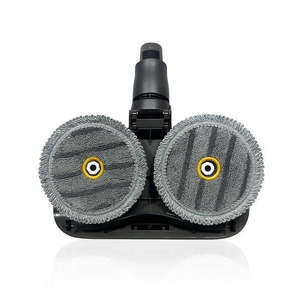 Close-up of the KRAPOF® S3 Steam Drive Extension 2 in 1 Floor and Steam Mop for Q3 Stick Vacuum by Kleva Range, showing two round, gray microfiber pads with yellow centers and UV sterilisation beneath the central black housing.