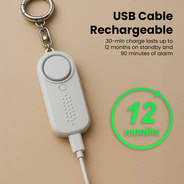 USB rechargeable personal alarm with 12-month standby