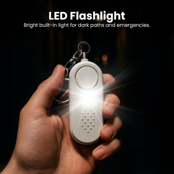 Personal alarm with bright LED flashlight for emergencies
