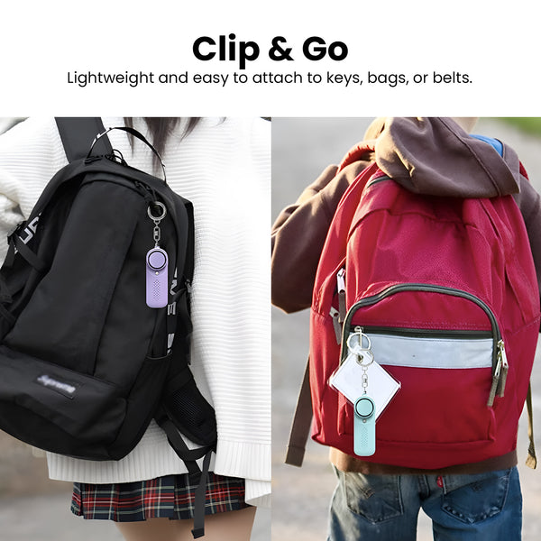 Personal alarms clipped to school backpacks for safety on the go