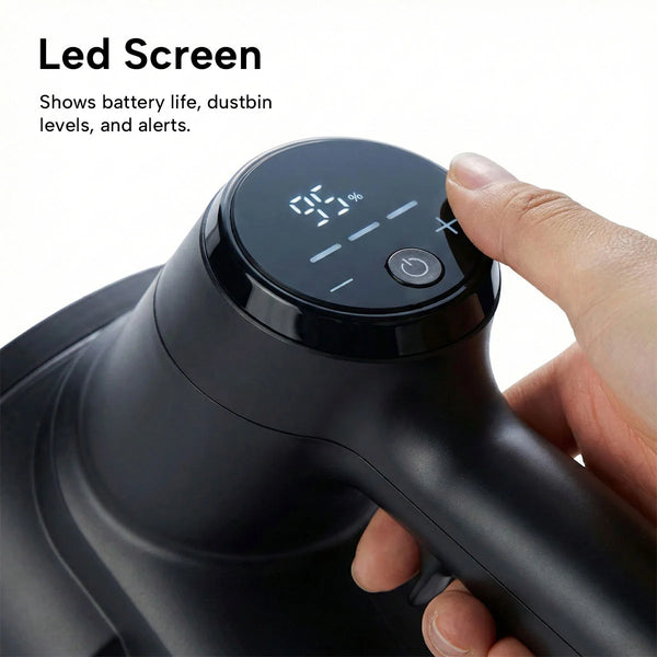 Cordless vacuum cleaner with LED display showing battery life and suction levels