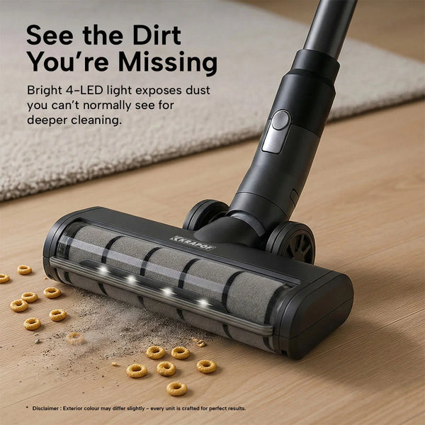 Stick vacuum with LED brush head lights exposing hidden dust on hard floors