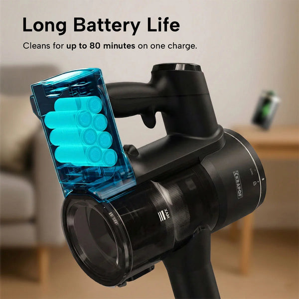 Long battery life cordless vacuum with up to 80 minutes runtime