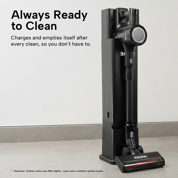 Self-emptying cordless vacuum with automatic charging dock station