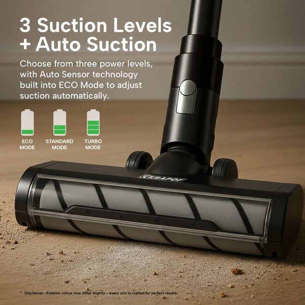 Cordless vacuum with three suction levels and smart auto suction mode