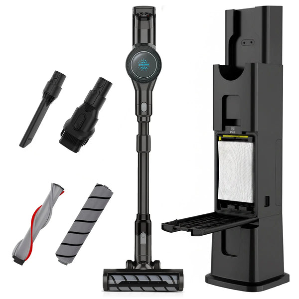 Self-empty stick vacuum with charging dock, HEPA filter and cleaning attachments