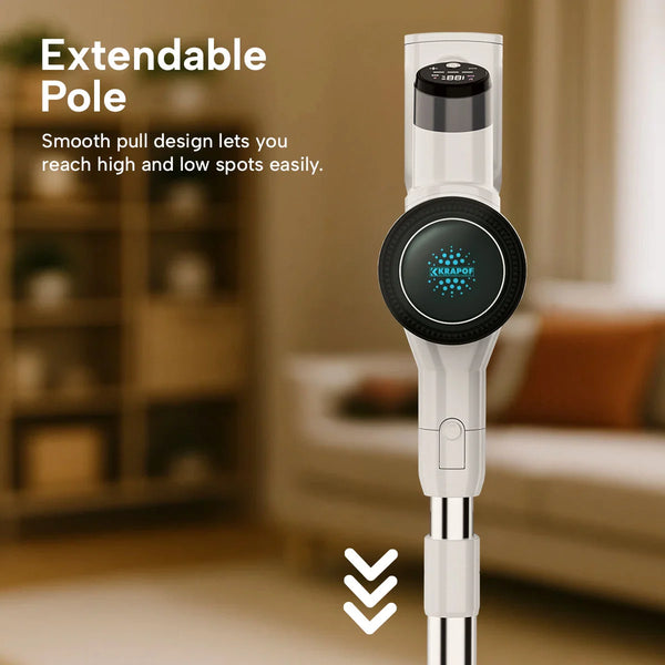 Cordless stick vacuum with extendable telescopic pole for easy high and low cleaning