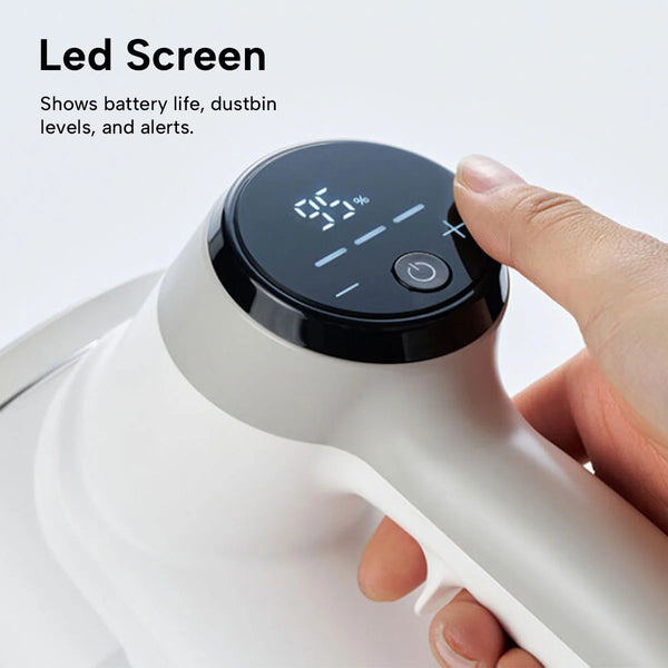 Cordless vacuum cleaner with LED display showing battery life and suction levels