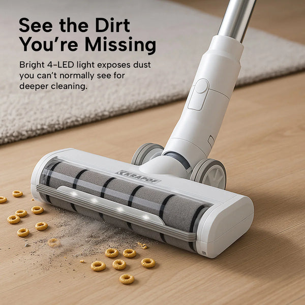 Stick vacuum with LED brush head lights exposing hidden dust on hard floors