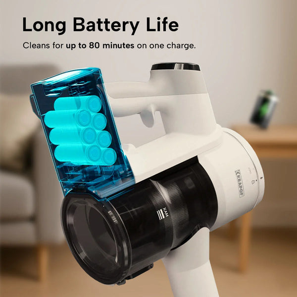 Long battery life cordless vacuum with up to 80 minutes runtime