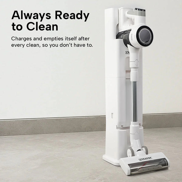 Self-emptying cordless vacuum with automatic charging dock station