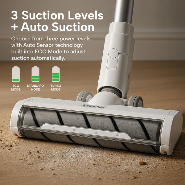 Cordless vacuum with three suction levels and smart auto suction mode