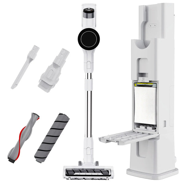 Self-empty stick vacuum with charging dock, HEPA filter and cleaning attachments