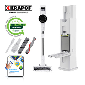 Krapof cleaning system with vacuum cleaner, attachments, and smartphone app on a white background