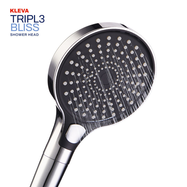 A close-up of the Kleva Range Triple Bliss Filtered Handheld/Wall Mount Shower Head (Buy One Get One Free), featuring multiple small spray nozzles. The product name appears in the top left corner on a white background.