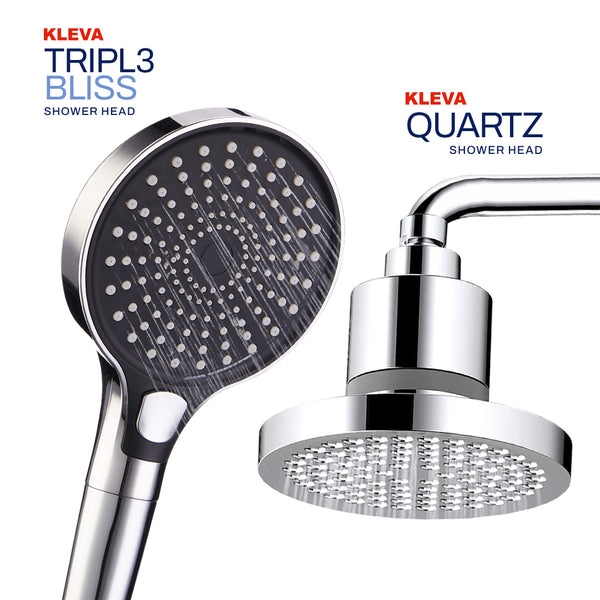 Two chrome shower heads from Kleva Range are shown: the Kleva Triple Bliss Filtered Handheld/Wall Mount Shower Head (Buy One Get One Free), and a fixed round model.