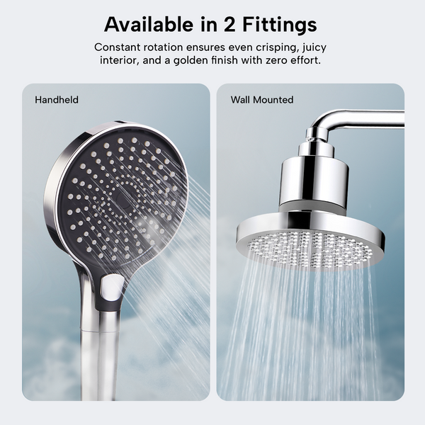 Side-by-side images display the Kleva Range Triple Bliss Filtered Shower Head as a handheld (left) and wall-mounted (right) model, both releasing water streams. Text above notes both fittings are available in this buy one get one free offer.