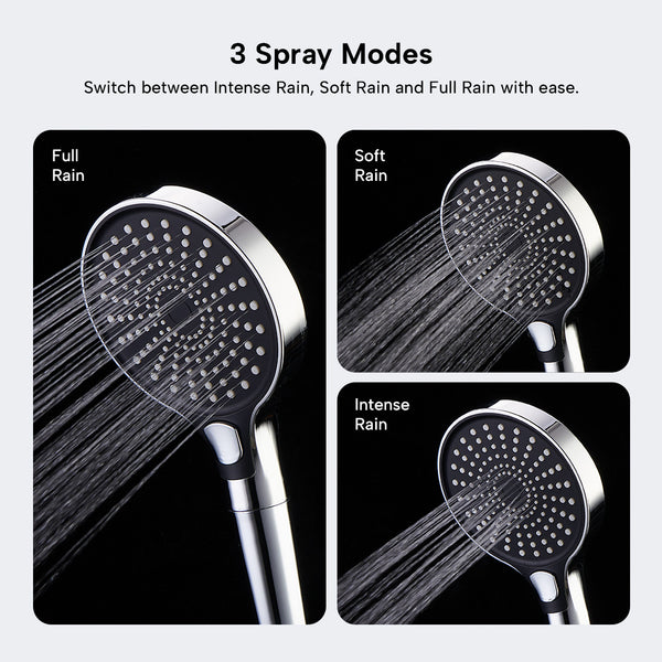 The Kleva Range Triple Bliss Filtered Handheld/Wall Mount Shower Head offers three spray modes—Full Rain, Soft Rain, and Intense Rain—with varying pressure and patterns for a refreshing clean. Buy one, get one free!.