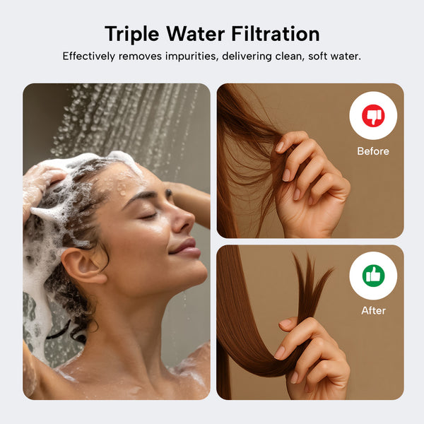A woman uses the Kleva Range Triple Bliss Filtered Handheld/Wall Mount Shower Head. Before-and-after images show frizzy hair transformed to smooth, thanks to triple water filtration. Enjoy a Buy One Get One Free offer on this hard water shower filter.