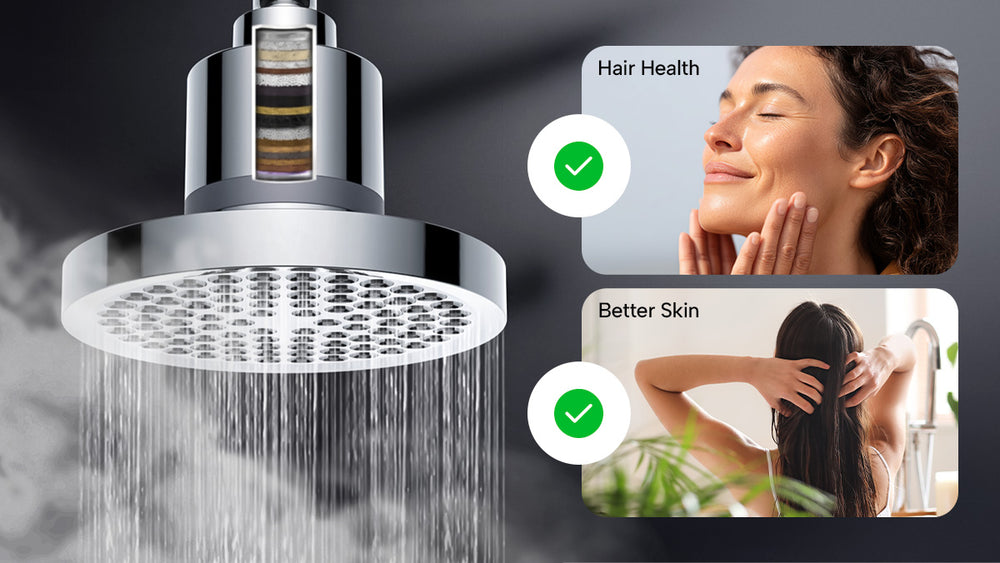 Shower head with images of a woman and text on hair health and better skin.