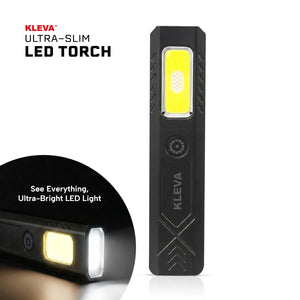 Kleva ultra-slim LED torch with close-up on light output on a white background