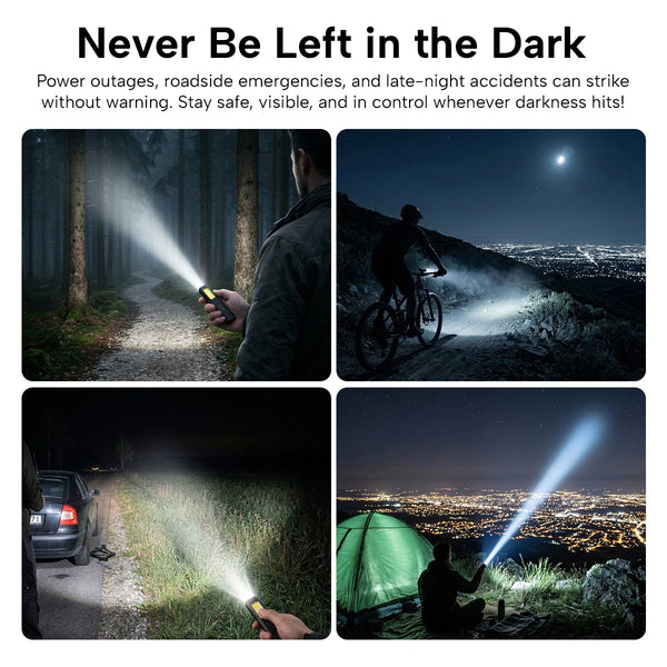 Collage of people using flashlights in various settings with text 'Never Be Left in the Dark'.