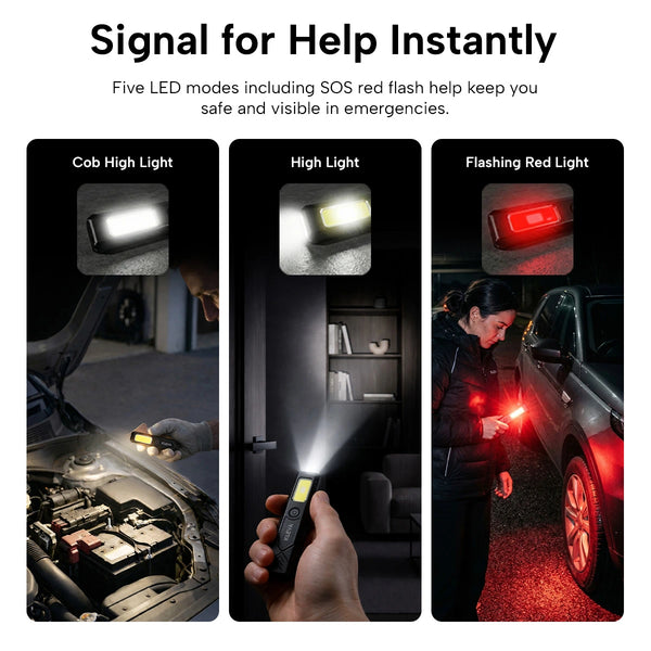 LED flashlight with various modes shown in use scenarios.