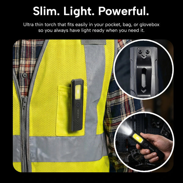 Ultra-thin torch in a yellow vest pocket with text 'Slim. Light. Powerful.'