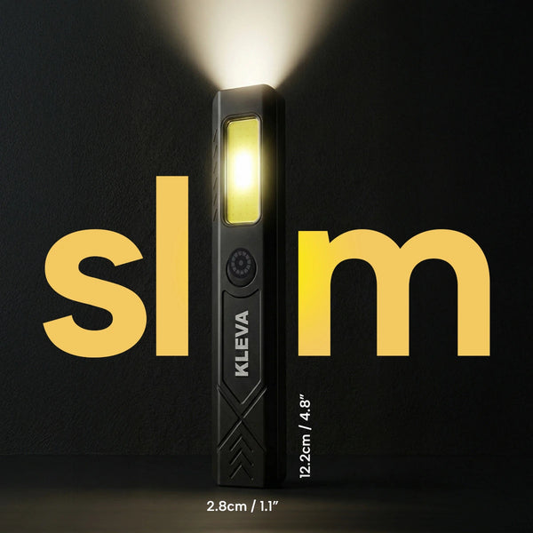 Kleva slim flashlight with glowing light on a black background