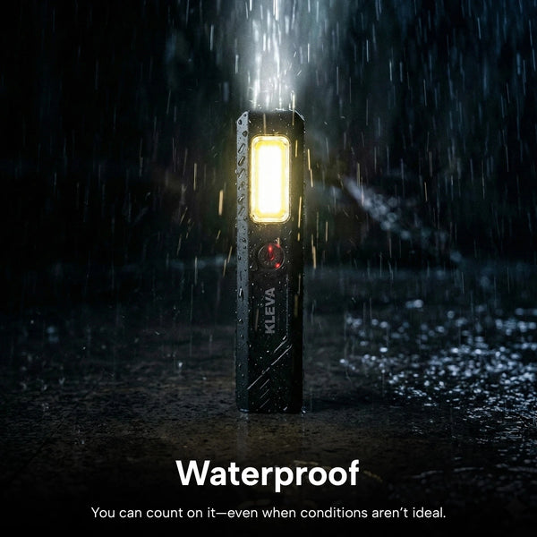 Flashlight being used in a rainstorm with the brand 'Kleva' visible.