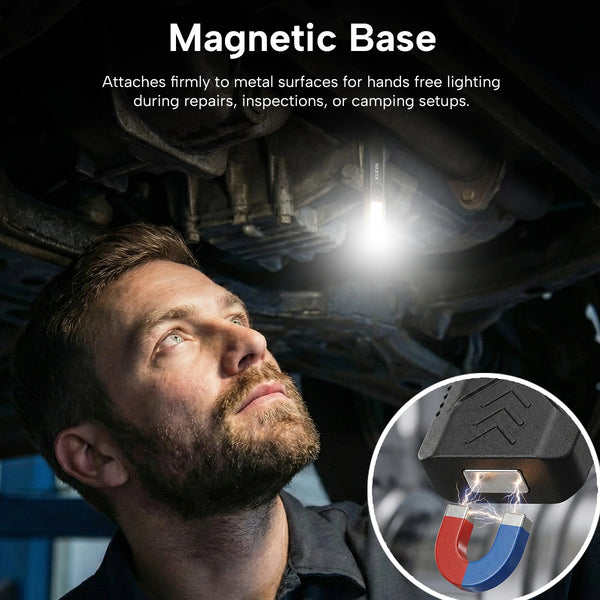 Person using a magnetic base light under a vehicle with text highlighting its use.