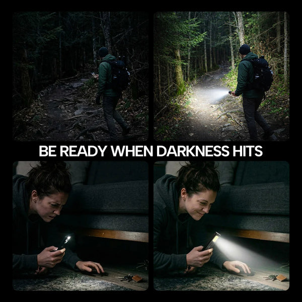 Person using a flashlight in various settings with text 'Be ready when darkness hits'.