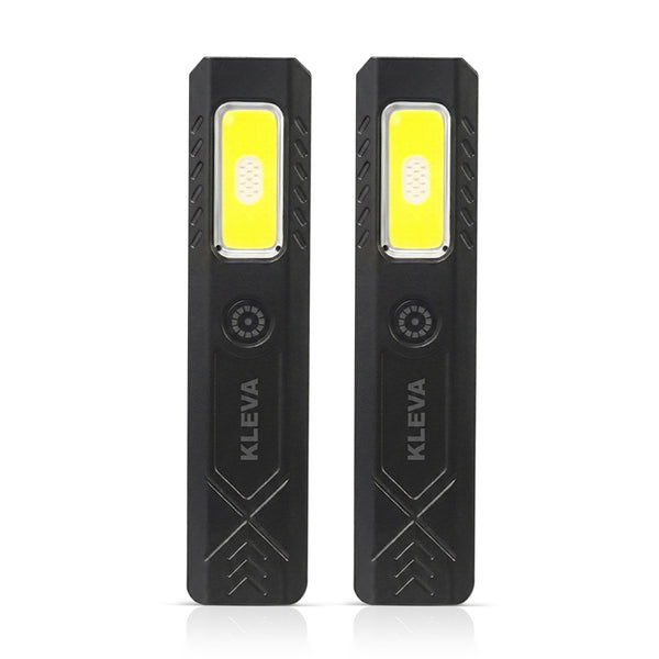 Two Kleva work lights on a white background