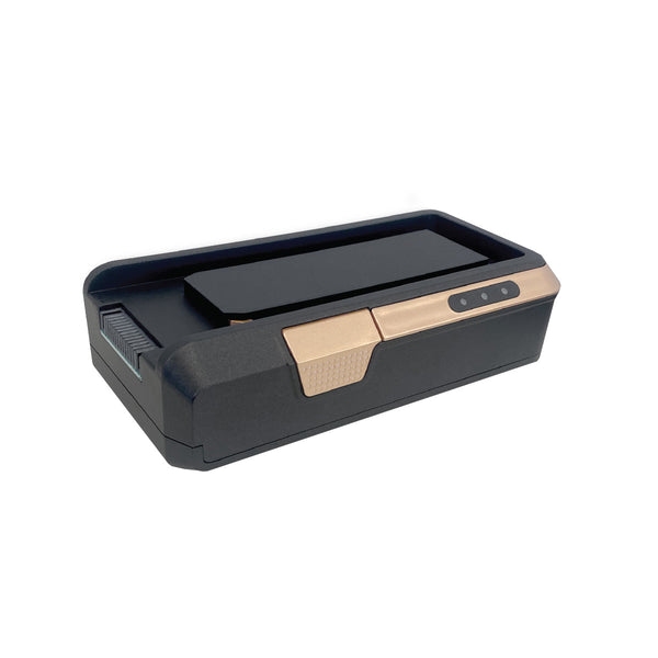 A rectangular black and gold Power Pack Battery for the KRAPOF® Super Slim Power Vacuum by Kleva Range, featuring a screen, three buttons, and a textured top, is displayed on a white background.