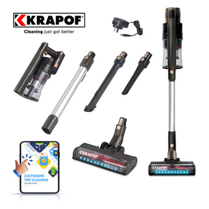 Krapof vacuum cleaner with attachments and app on a white background