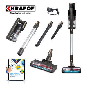 KRAPOF cordless vacuum cleaner set with motorised floor head, telescopic wand, attachments and wall dock